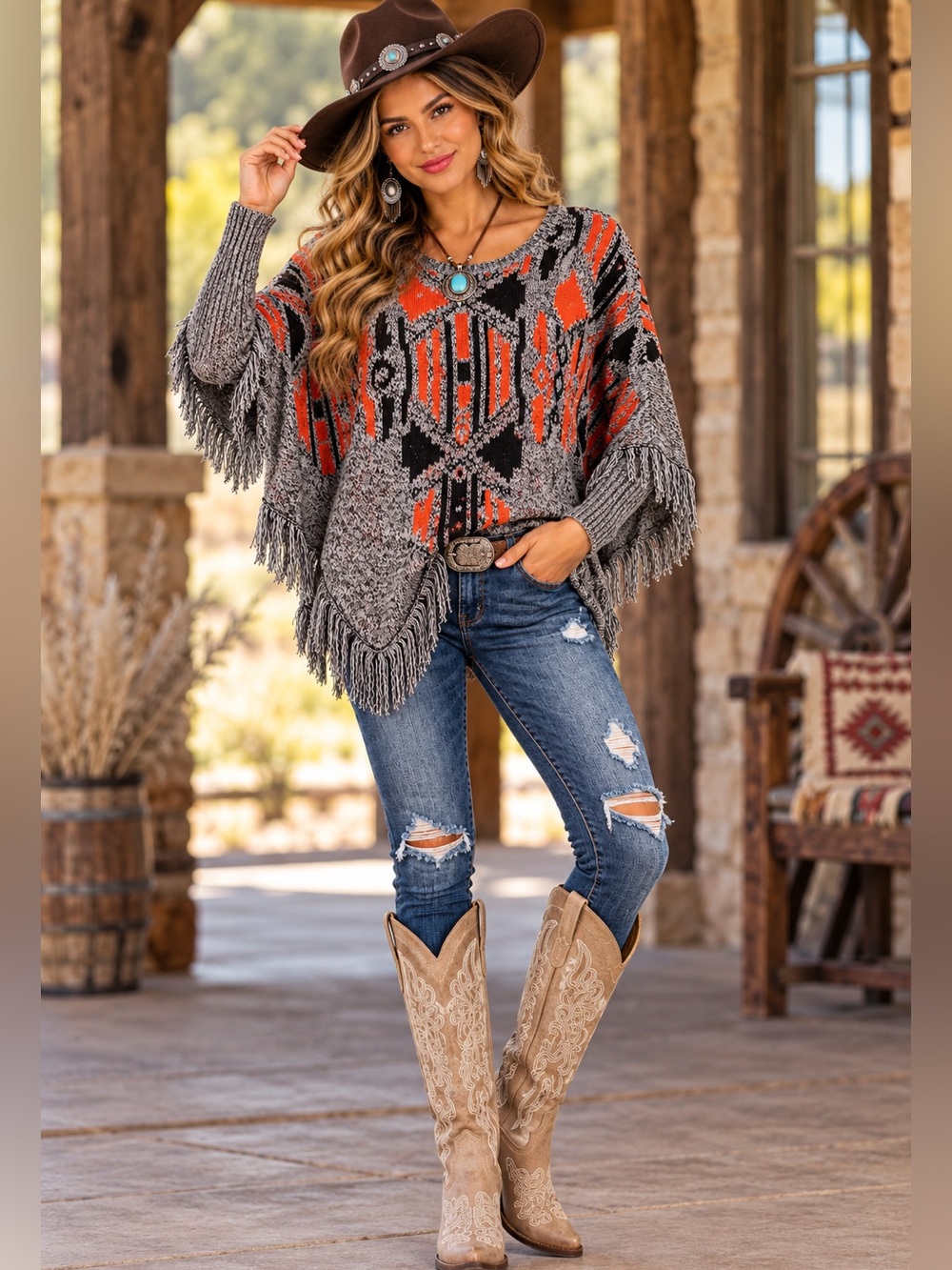 Mossimo Supply Co S M Southwestern Poncho Sweater Fringe Western Boho Orange Gra